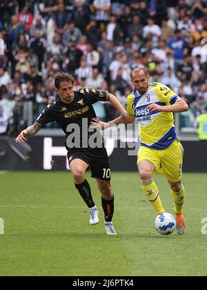 Allianz Stadium, Turin, Italien, 01. Mai 2022, Giorgio Chiellini (FC Juventus) kontrolliert den Ball und versucht, den Besitz gegen Mattia Aram aufrechtzuerhalten Stockfoto