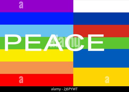 Drei Flaggen Rainbow Peace Russische Föderation und Ukraine Stockfoto