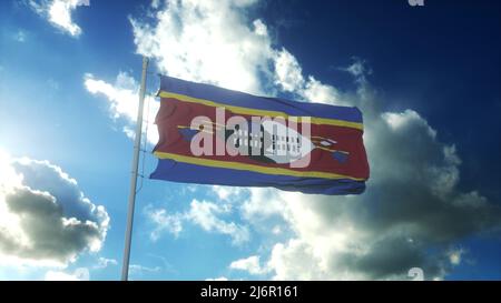 Flagge von Eswatini winkt dem Wind entgegen dem wunderschönen blauen Himmel. 3D Rendern. Stockfoto