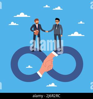 Langfristige Zusammenarbeit. Lebenslange Garantie, Geschäftsmann schüttelt die Hände, Unendlichkeits-Zeichen. Geschäftspartner Handshake, Strategie der Zusammenarbeit und Stock Vektor