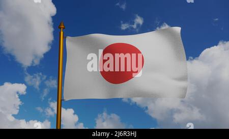 Nationalflagge Japans winkt 3D Render mit Fahnenmast und blauem Himmel, Nishoki japan Flagge der Sonne oder Hinomaru, Land der aufgehenden Sonne, japanische Flagge Stockfoto