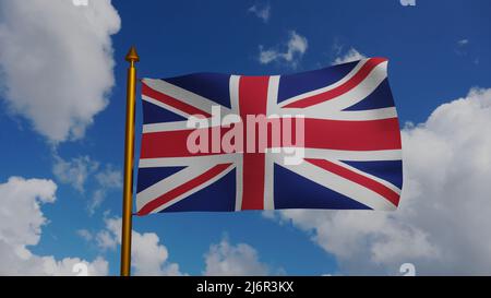 Nationalflagge von Großbritannien winkt 3D Render mit Fahnenmast und blauem Himmel, Vereinigtes Königreich von Großbritannien und Nordirland Flaggenstoff Stockfoto