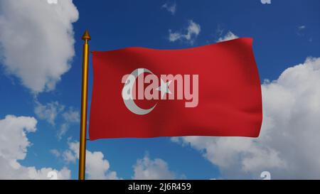 Nationalflagge der Türkei winkt 3D Render mit Fahnenmast und blauem Himmel, türkische Flaggen mit Stern und Halbmond, al bayrak oder als al Sancak Stockfoto