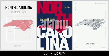 12 von 50 Sets, US State Poster mit Namen und Informationen in 3 Design Styles, detaillierter Vektorgrafik North Carolina Karte Stock Vektor