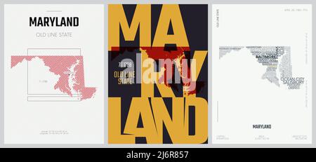 7 von 50 Sets, US State Poster mit Namen und Informationen in 3 Design Styles, detaillierter Vektorgrafik Maryland Karte Stock Vektor