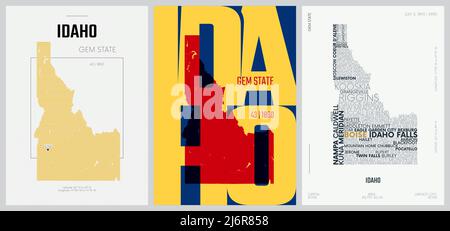 43 von 50 Sets, US State Poster mit Namen und Informationen in 3 Design Styles, detaillierter Vektorgrafik Idaho Karte Stock Vektor