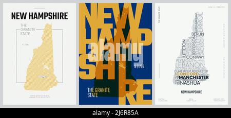 9 von 50 Sets, US State Poster mit Namen und Informationen in 3 Design Styles, detaillierter Vektorgrafik New Hampshire Karte Stock Vektor