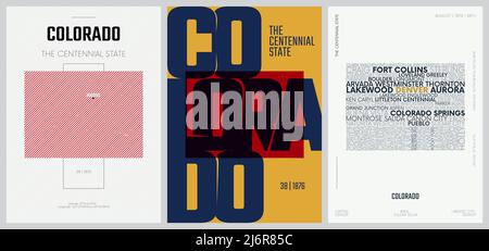 38 von 50 Sets, US State Poster mit Namen und Informationen in 3 Design Styles, detaillierter Vektorgrafik Colorado Karte Stock Vektor