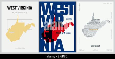 35 von 50 Sets, US State Poster mit Namen und Informationen in 3 Design Styles, detaillierter Vektorgrafik West Virginia Karte Stock Vektor