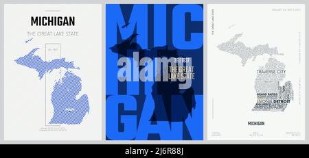 26 von 50 Sets, US State Poster mit Namen und Informationen in 3 Design Styles, detaillierter Vektorgrafik Michigan Karte Stock Vektor