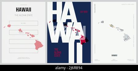 50 von 50 Sets, US State Poster mit Namen und Informationen in 3 Design Styles, detaillierter Vektorgrafik Hawaii Karte Stock Vektor
