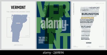 14 von 50 Sets, US State Poster mit Namen und Informationen in 3 Design Styles, detaillierter Vektorgrafik Vermont Karte Stock Vektor