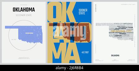 46 von 50 Sets, US State Poster mit Namen und Informationen in 3 Design Styles, detaillierter Vektorgrafik Oklahoma Karte Stock Vektor
