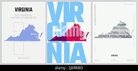 10 von 50 Sets, US State Poster mit Namen und Informationen in 3 Design Styles, detaillierter Vektorgrafik Virginia map Stock Vektor