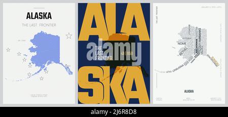 49 von 50 Sets, US State Poster mit Namen und Informationen in 3 Design Styles, detaillierter Vektorgrafik Alaska Karte Stock Vektor