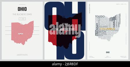 17 von 50 Sets, US State Poster mit Namen und Informationen in 3 Design Styles, detaillierter Vektorgrafik Ohio Karte Stock Vektor