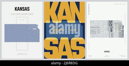 34 von 50 Sets, US State Poster mit Namen und Informationen in 3 Design Styles, detaillierter Vektorgrafik Kansas Karte Stock Vektor