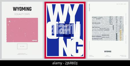 44 von 50 Sets, US State Poster mit Namen und Informationen in 3 Design Styles, detaillierter Vektorgrafik Wyoming Karte Stock Vektor