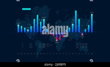 Big-Data-Analysen und Infografik zu Finanzdaten, Analysen und Diagramme zu Investitionen und Handel, Säulen, Vektor-Informationen zur Marktwirtschaft Stock Vektor