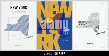 11 von 50 Sets, US State Poster mit Namen und Informationen in 3 Design Styles, detaillierter Vektorgrafik New York Karte Stock Vektor