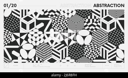 Abstraktes modernes geometrisches Banner mit einfachen Formen in schwarz-weißen Farben, grafische Komposition Design Vektor Hintergrund, 3D Würfel mit verschiedenen p Stock Vektor