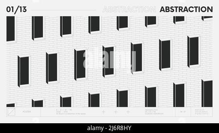 Abstraktes modernes geometrisches Banner mit einfachen Formen in schwarz-weißen Farben, grafische Komposition Design Vektor Hintergrund, Fenster und Ziegel Detail Stock Vektor
