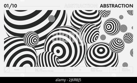 Abstrakte moderne geometrische Banner mit einfachen Formen in schwarz-weißen Farben, grafische Komposition Design Vektor-Hintergrund, fliegende Kugeln von verschiedenen Stock Vektor