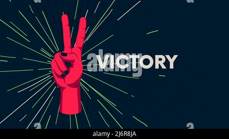 Geste der menschlichen Hand vor dem Hintergrund des Sonnenaufbruchs, Bewegung der Finger, motivierendes Vektor-Poster mit dem Slogan Sieg Stock Vektor