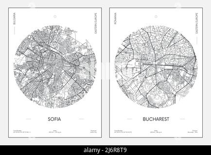 Reiseposter, Stadtplan Stadtplan Sofia und Bukarest, Vektorgrafik Stock Vektor