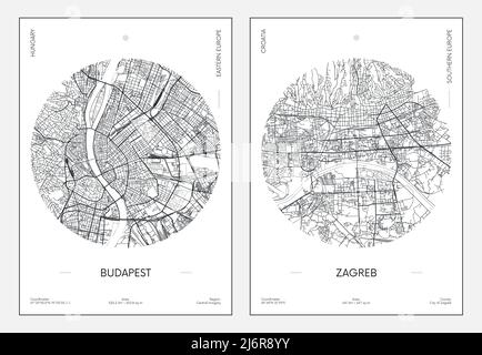 Reiseposter, Stadtplan Stadtplan Budapest und Zagreb, Vektorgrafik Stock Vektor