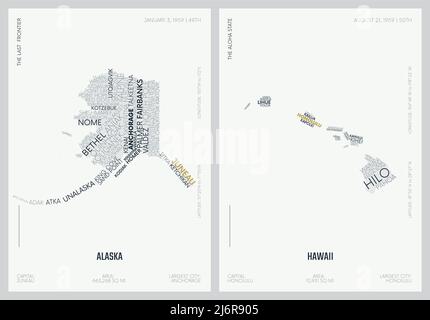 Typografie Komposition von Stadtnamen, Silhouetten-Karten der Staaten von Amerika, Vektor-Detailplakate, Division Pacific - Alaska, Hawaii Stock Vektor