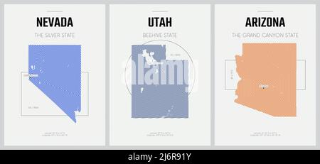 Vektorplakate Detaillierte Silhouetten-Karten der Staaten von Amerika mit abstraktem linearem Muster, Division Mountain - Nevada, Utah, Arizona Stock Vektor