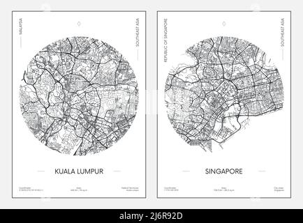 Reiseposter, Stadtplan Stadtplan Kuala Lumpur und Singapur, Vektorgrafik Stock Vektor