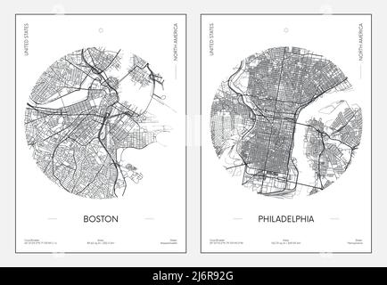 Reiseposter, Stadtplan Stadtplan Boston und Philadelphia, Vektorgrafik Stock Vektor