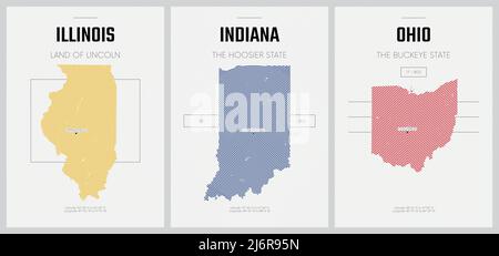 Vektorplakate Detaillierte Silhouetten-Karten der Staaten von Amerika mit abstraktem linearem Muster, Division East North Central - Illinois, Indiana, Ohio Stock Vektor