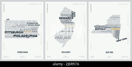Typografie Komposition von Stadtnamen, Silhouetten-Karten der Staaten von Amerika, Vektor-Detailplakate, Pennsylvania, New Jersey, New York Stock Vektor