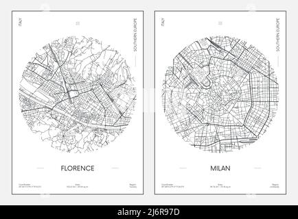 Reiseposter, Stadtplan Stadtplan Florenz und Mailand, Vektorgrafik Stock Vektor