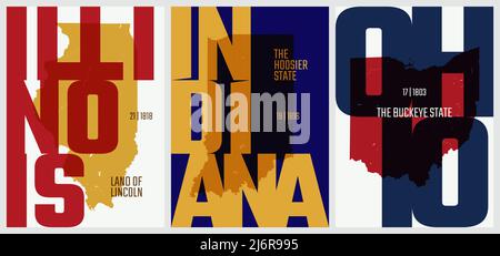 Vector Plakate Staaten der Vereinigten Staaten mit einem Namen, Spitznamen, Datum zugelassen, um die Union, Division East North Central - Illinois, Indiana, Ohio Stock Vektor