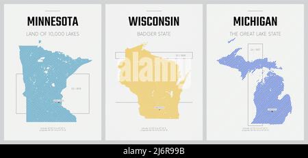 Vektorplakate Detaillierte Silhouetten-Karten der Staaten von Amerika mit abstraktem linearem Muster, die Großen Seen - Minnesota, Wisconsin, Michigan Stock Vektor