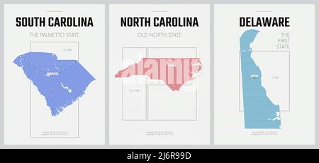 Vektorplakate Detaillierte Silhouetten Karten der Staaten von Amerika mit abstraktem linearem Muster, South Carolina, North Carolina, Delaware Stock Vektor