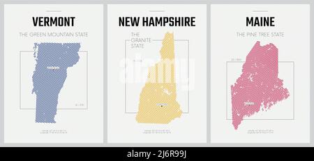 Vektorplakate Detaillierte Silhouetten-Karten der Staaten von Amerika mit abstraktem linearem Muster, Division New England - Vermont, New Hampshire, Maine - Stock Vektor