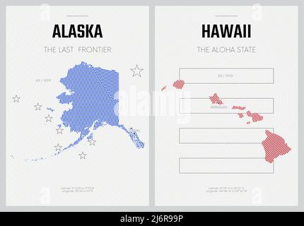 Vektorplakate Detaillierte Silhouetten-Karten der Staaten von Amerika mit abstraktem linearem Muster, Division Pacific - Alaska, Hawaii - Set 17 von 17 Stock Vektor