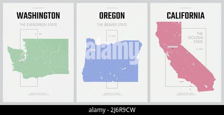 Vektorplakate Detaillierte Silhouetten-Karten der Staaten von Amerika mit abstraktem linearem Muster, Division Pacific - Washington, Oregon, Kalifornien Stock Vektor