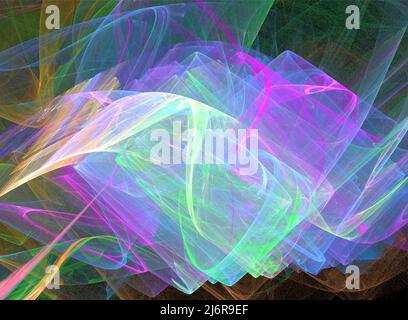 Helles, helles, abstraktes Muster aus welligen Linien, farbige Felder auf schwarzem Hintergrund, grafische, abstrakte Illustration Stockfoto