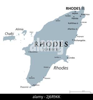 Rhodos, griechische Insel, graue politische Landkarte. Die größte der dodekanesischen Inseln Griechenlands im Mittelmeer mit Spitznamen wie Island of the Sun Stockfoto