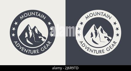 Vector Ventage Etiketten mit handgezeichneten Bergen. 2022. Illustration für Skigebiet, Wandern, Klettern, Mountainbiken Logo Set. Winter Wird Gezeichnet Stock Vektor