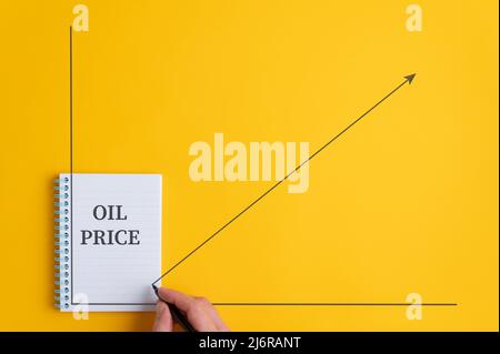 Konzeptuelles Bild eines schnellen Ölpreiswachstums – Diagramm, das zeigt, dass der Ölmarkt rasch ansteigt. Stockfoto