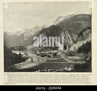 Antike Fotografie des Gotthardpasses und der Brücke, Schweiz 19.. Jahrhundert Stockfoto