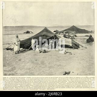Antikes Foto des Lagers einer Karawane in der Wüste Sahara, 19.. Jahrhundert Stockfoto