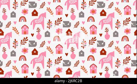 Nordische Dala Pferde und florale Elemente nahtloses Muster Stock Vektor